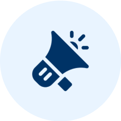 Megaphone icon on light blue background.