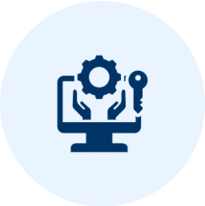 Computer screen with gear and key icon.