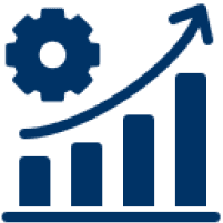Bar chart with gear and upward arrow.